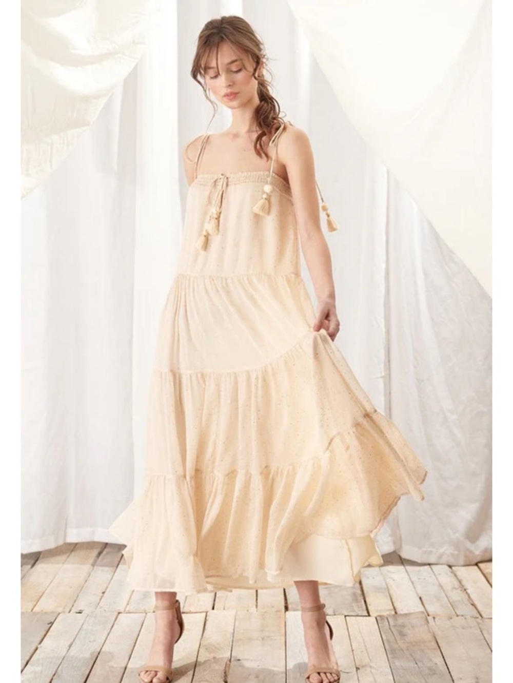 Women’s Cream Tiered Maxi Skirt with Tassel Tie. Medium Nearly new